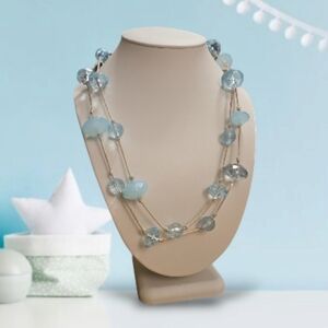 Vintage Silk String & Frosted Light Blue Opalite & Obsidian Crystal Necklace.